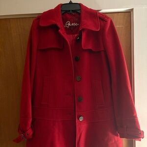 Guess women’s red button up coat with ruffles